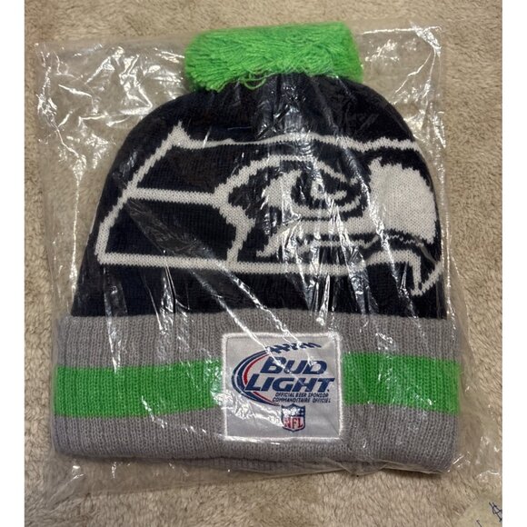 Seattle Seahawks Bud Light Knit Beanie Hat W/ Pom Navy Gray Green NFL Licensed - Picture 7 of 7